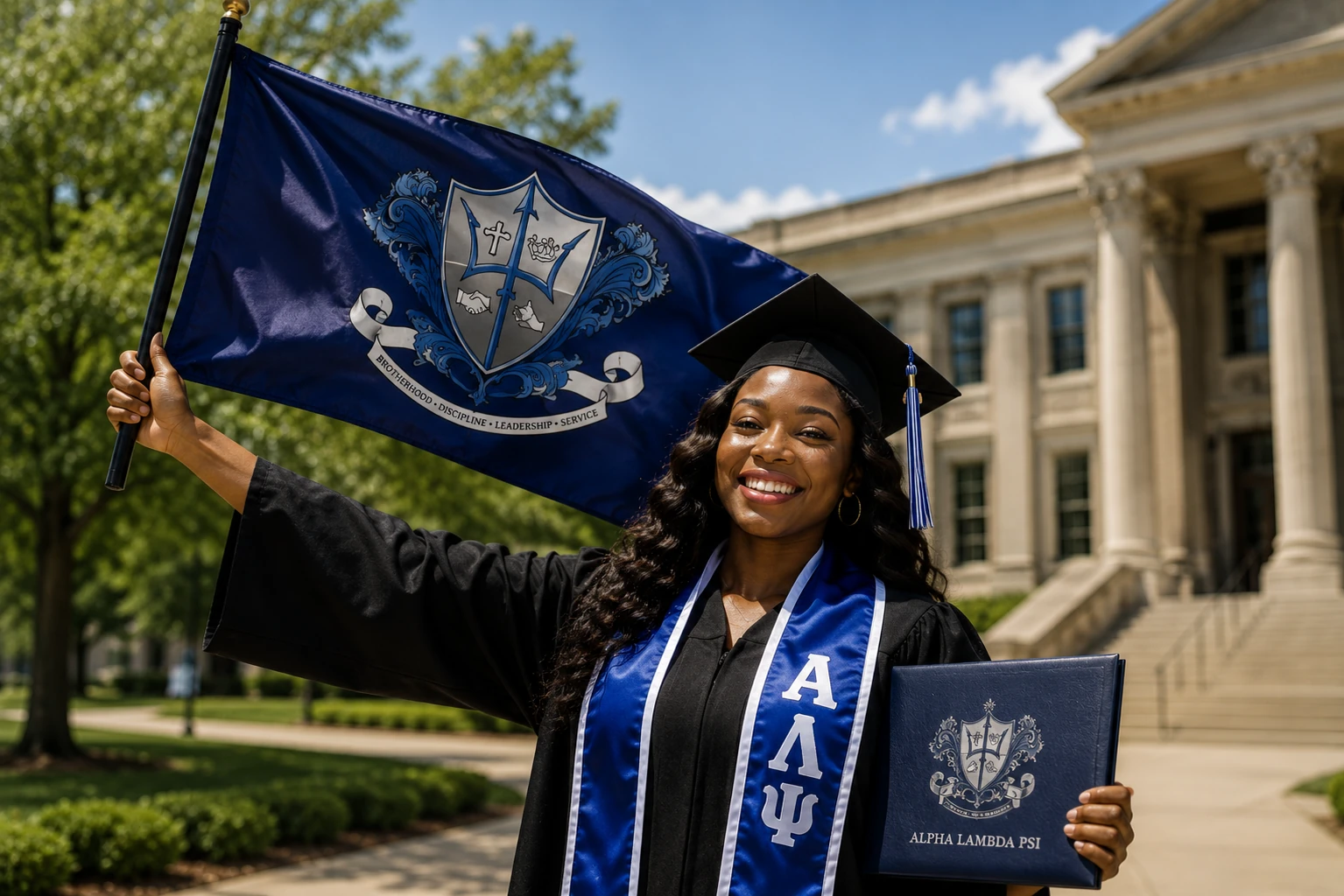 Graduate representing Alpha Lambda Psi education and scholarship programs
